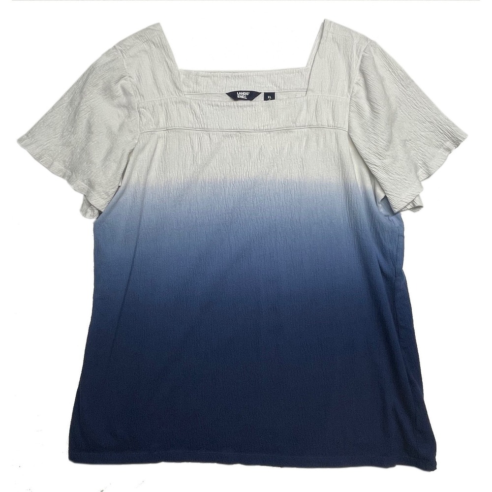 Lands End Women's Top Blouse XL White Fade To Blue Stretch Square Collar